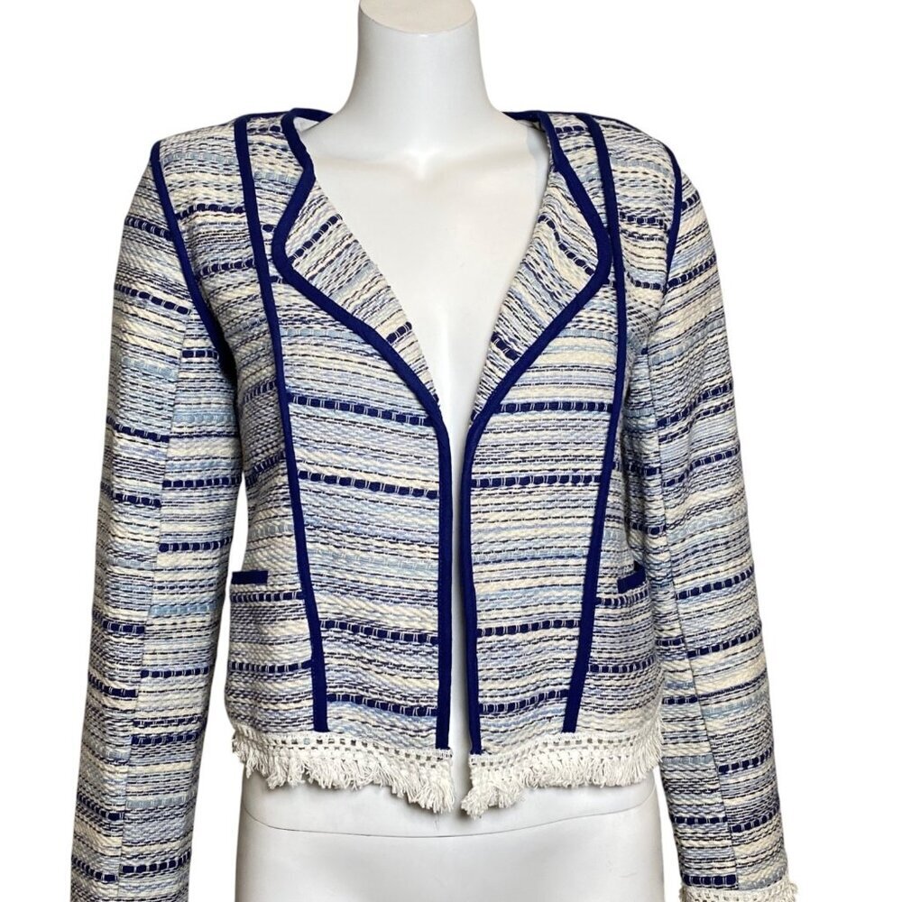 Lovers + Friends Tweed Crop Blazer Womens M Open Front Fringe Long Sleeve